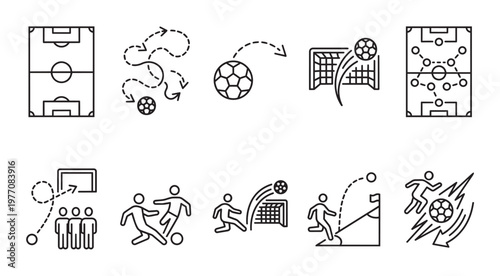 A collection of simple line icons representing various aspects of soccer, including field layouts, strategy diagrams, gameplay actions, and player formations, in a clean black and white style.