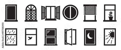 Diverse black window icons collection showcasing various styles, weather conditions, and times of day in a clean, graphic design