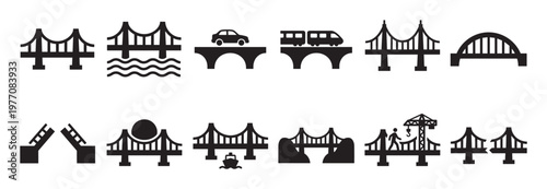 Various black bridge icons are displayed in a clean, simple, and easily recognizable graphic style, perfect for web design