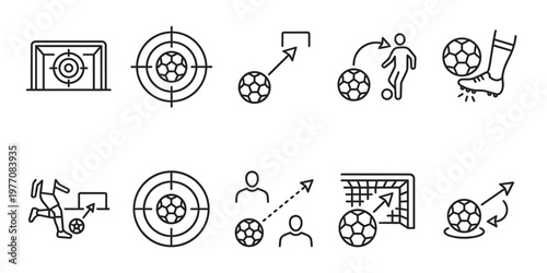 A collection of clean, simple black line icons representing various aspects of football and soccer, including goals, targets, players, and scoring plays, perfect for sports graphics.