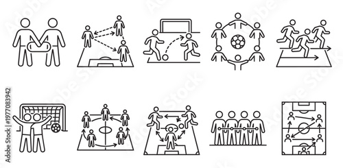 A collection of simple line art icons illustrating various football tactics, strategies, and game plays with stick figures and a soccer ball.