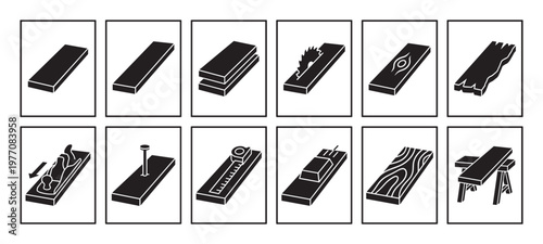 Set of black and white icons illustrates various woodworking processes and tools, including sawing, planing, measuring, and assembling