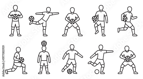 A clean, vector graphic collection of minimalist line art icons depicting a soccer player in various dynamic poses with a football.