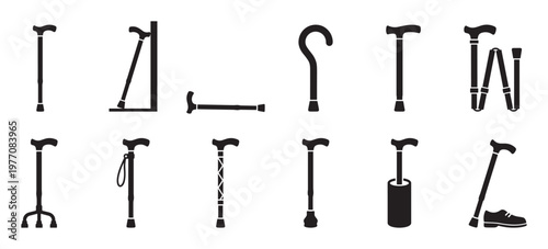 Various black silhouette walking canes and sticks are displayed in a neat grid, showcasing different designs and uses