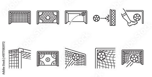 A collection of line art icons depicting soccer goals and various actions like kicking, scoring, and hitting the net, representing sports and competition.