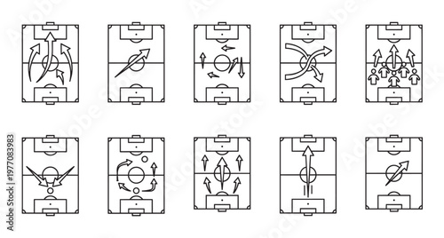 Collection of simple line art soccer tactic diagrams showing plays and strategies with arrows on a football field, representing game movement and formations.