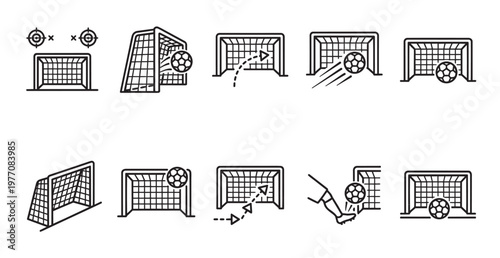 A collection of simple line art icons depicting various soccer goal scenarios including balls, targets, and kicks, perfect for sports graphics and concepts.