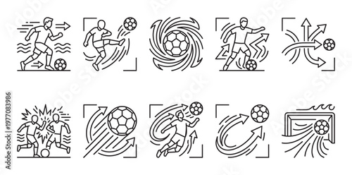 A collection of ten minimalist line art icons depicting various soccer actions, including running, kicking, and scoring, set against a clean white background.
