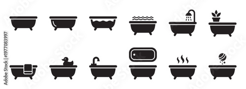 Various black bathtub icons illustrating different states of bathing, including empty, filled with water, showering, and with a rubber duck