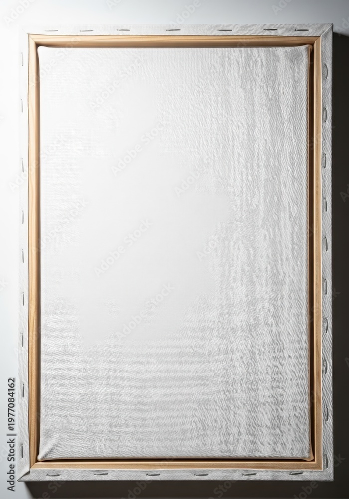 Fototapeta premium A fresh, clean, and completely empty white cotton canvas prepared on a sturdy wooden frame, suggesting new beginnings and infinite artistic possibility, stretch, clean, white