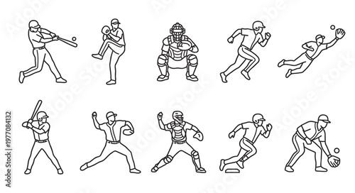 Collection of black and white line art illustrations depicting various baseball player actions including batting, pitching, catching, and running.