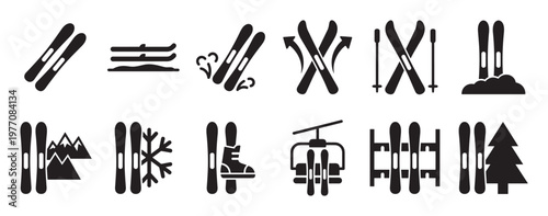 Various black ski equipment icons are neatly arranged in a grid pattern, showcasing different aspects of winter sports
