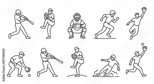 A collection of stylized line art icons depicting various baseball player actions like batting, pitching, catching, and sliding.