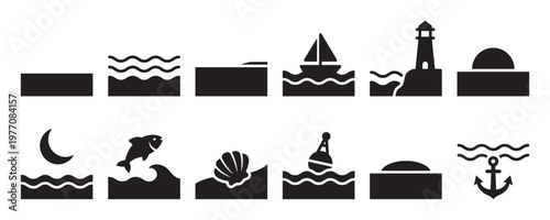 Various black nautical and marine icons are arranged in two rows, depicting sea-related elements in a simple, graphic style