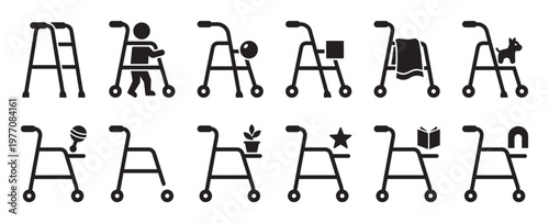 Collection of black silhouette walker icons depicting various uses and accessories for mobility assistance