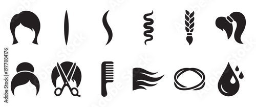 Collection of black silhouette hair icons including various hairstyles, hair types, and hair care tools, presented in a clean, graphic style