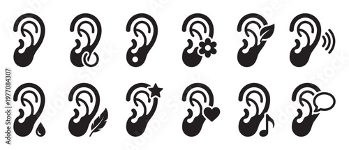 Collection of twelve black ear icons with various symbols representing different senses and concepts, presented in a clean, graphic style