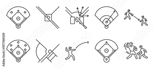 A set of line art icons representing baseball fields, players, and actions like pitching, running, and throwing.