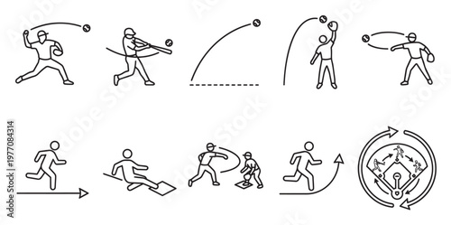 A collection of simple black line icons illustrating various baseball actions and movements on a white background.