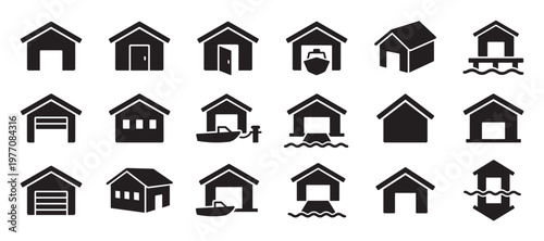 Collection of various black boathouse and house icons with different doors and perspectives, presented in a clean, graphic style