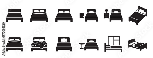 Collection of black bed icons displaying various styles and arrangements, including single, double, and twin beds with pillows and blankets