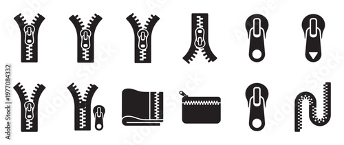 Collection of various black zipper icons and zipper pullers in a clean, graphic style