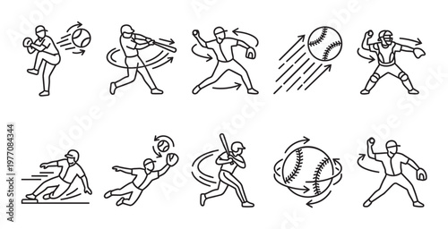 Set of black line art icons depicting various baseball actions like pitching, batting, catching, and sliding against a white background.