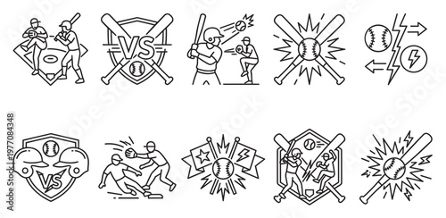 Collection of linear icons depicting baseball game actions like pitching, batting, and sliding, as well as Versus emblems and dynamic action graphics.
