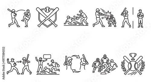 A collection of line art icons illustrating various baseball game actions, including pitching, batting, catching, and scoring, along with trophy and award elements for sports themes.