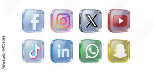 3D Glass Social Media Icons Set – Transparent Glass morphism UI Buttons Collection with Modern Glossy Effect