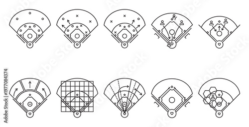 A collection of linear diagrams illustrating baseball field formations, player positions, and tactical strategies, suitable for sports analysis and coaching.