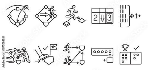A collection of minimalist black and white line art icons depicting various aspects of baseball, including game play, strategy, scoring, and victory.