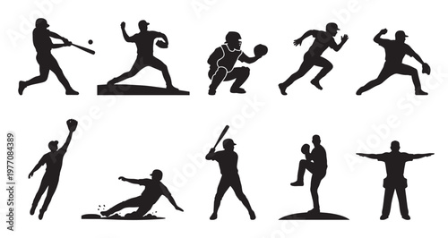 A collection of black silhouettes depicting various baseball player actions on a clean white background, including batting, pitching, catching, and sliding.