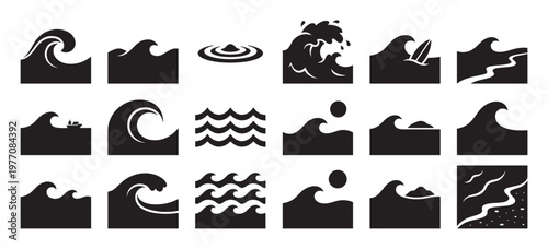 Various black silhouette ocean waves and water ripples are displayed as a collection of simple graphic icons