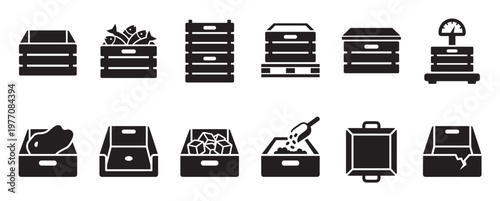 Collection of black silhouette icons depicting various crates and boxes, some filled with goods, on a clean white surface