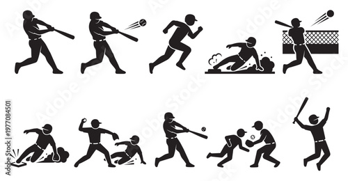 This set of black and white silhouette icons depicts various baseball actions, including hitting, running, sliding, and pitching, on a clean white background.