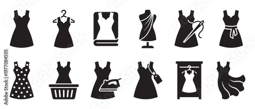 Collection of black dress icons illustrating various aspects of fashion, clothing care, and design
