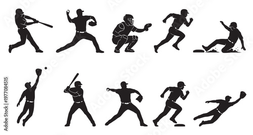 This illustration features a collection of black silhouettes depicting various baseball actions like batting, pitching, catching, running, and sliding on a clean white background.