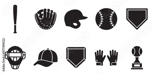 A collection of black and white silhouette icons representing baseball equipment, including a bat, glove, helmet, ball, home plate, catcher's mask, cap, and trophy, suitable for sports graphics.