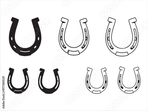Various Horse Shoe Designs Illustrated in Black and White Line Art
