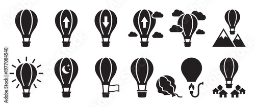 Collection of black hot air balloon icons depicting various states and scenarios in a clean, minimalist style