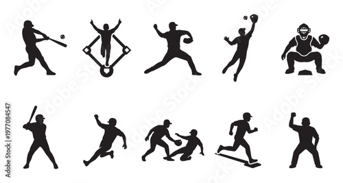 A collection of black silhouette icons representing various baseball actions, perfect for sports graphics, websites, and promotional materials.