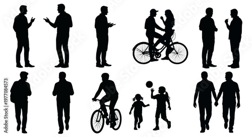 Diverse Silhouettes of People in Various Activities: Walking, Cycling, Talking, and Playing