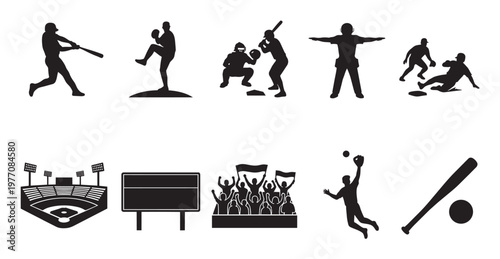 A collection of black silhouette icons depicting various baseball actions, players, and stadium elements, suitable for sports-themed designs.