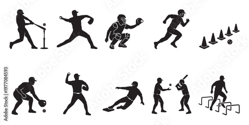 A collection of black silhouettes depicts various baseball actions, including batting, pitching, catching, running, and drills, ideal for sports themes.