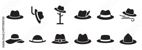 Various black silhouette hat icons are arranged in rows, showcasing different styles and accessories in a simple graphic design