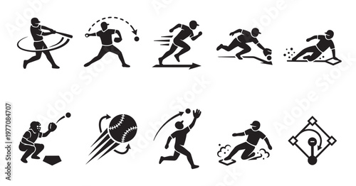 Collection of black and white vector icons illustrating various baseball game actions and players with dynamic poses on a white background.