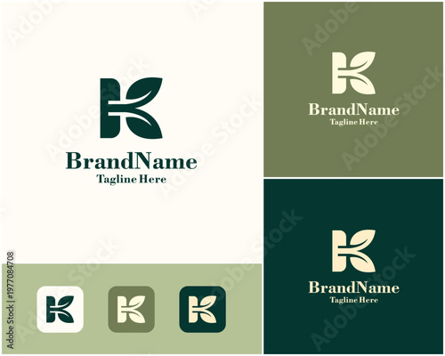 Letter K Abstract Leaf Nature Green Luxury Minimalist Vector Logo Design Illustration