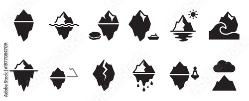 Collection of black silhouette iceberg icons depicting various states and interactions, including melting, floating, and submerged