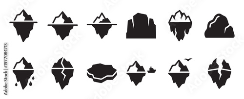 Various black iceberg icons illustrating different shapes, sizes, and states of ice formations in a clean graphic style
